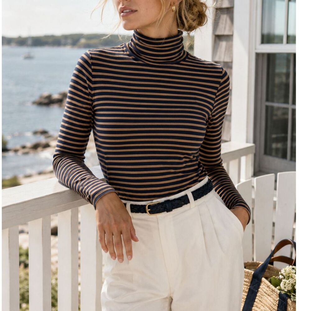 J.Crew Tissue Turtleneck Top Medium Navy Camel Stripe Cotton Coastal Preppy - Picture 1 of 6